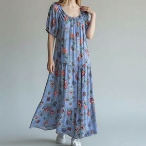 Ann‎ Taylor LOFT Dress Women Med Blue Floral Tiered Midi Peasant Prairie Country